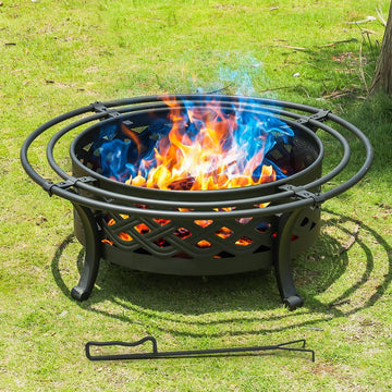 36 Inch Fire Pit with 2 Loops,Crossweave Wood Burning Fire Pits for Outside,with Spark Screen,Fire Poker,Round Outdoor F