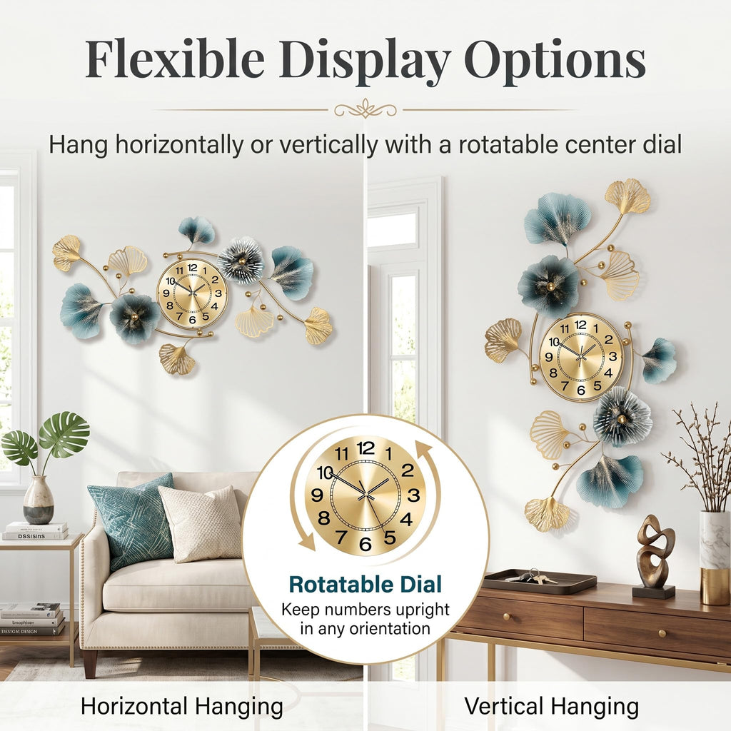 33" 3D Ginkgo Leaf Metal Wall Clock Wall Decor