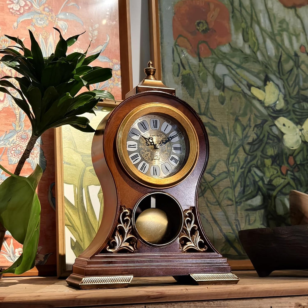 Table Clock 15''H Mantel Clock with Pendulum Roman Numeral Antique Desk Clock for Bedroom Living Room Indoor for Home