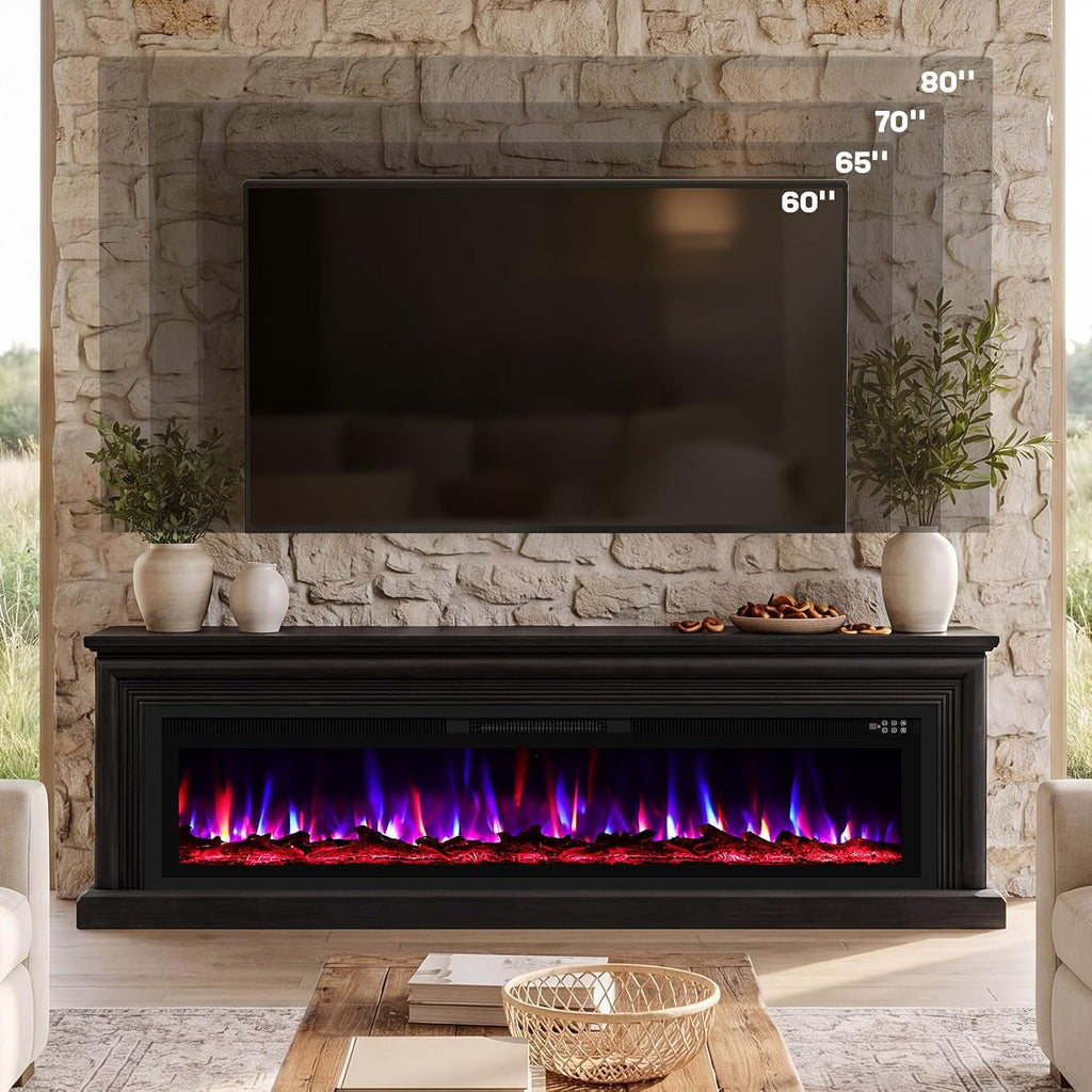 70'' Fireplace TV Stand, Large Electric Fireplace with Mantel | Freestanding Fireplace with 60" Insert, Modern