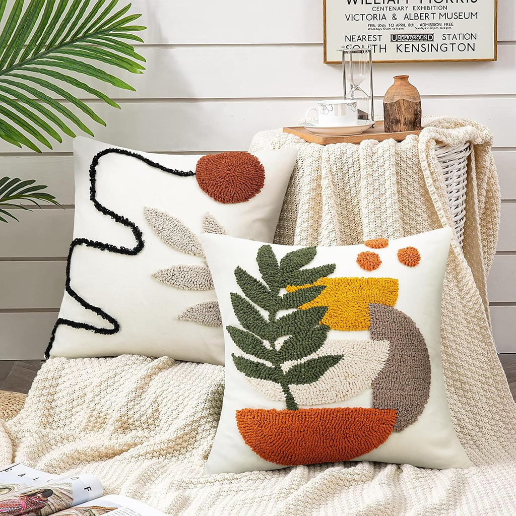 Boho Decorative Throw Pillow Covers Abstract Tufted Mid Century Modern Throw Pillows Green Leaf Sun Aesthetic