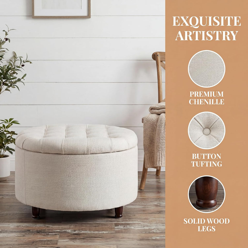 28" Round Storage Ottoman, Tufted Coffee Table,Beige