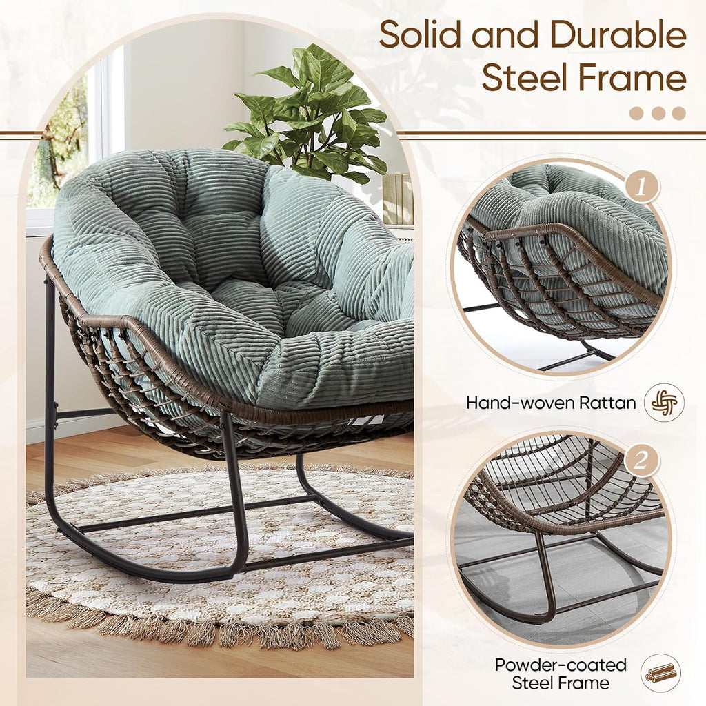 Large Indoor Rocking Chair, Oversized Rocking Papasan Chair with Thick Cushion and Frame,Comfy Corduroy Rocker Wicker