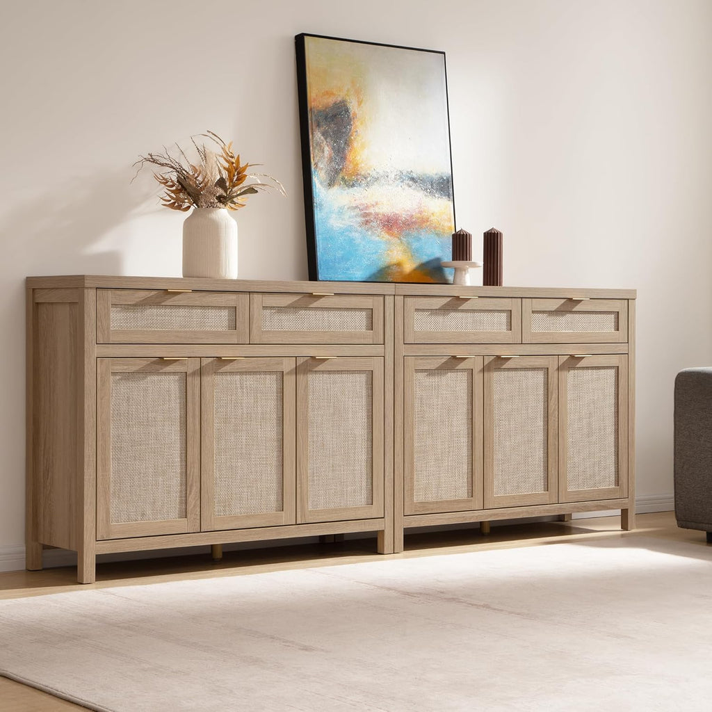 Rattan Sideboard Buffet Cabinet with Storage, Boho Credenza Accent Cabinet with 3 Doors and 2 Drawers