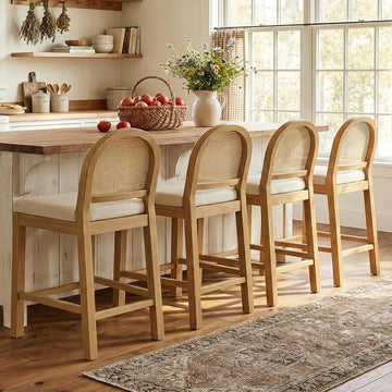 Upholstered Rattan Bar Stools Set of 4, Wooden Counter Height Stools with Natural Rattan Woven Back and Chenille