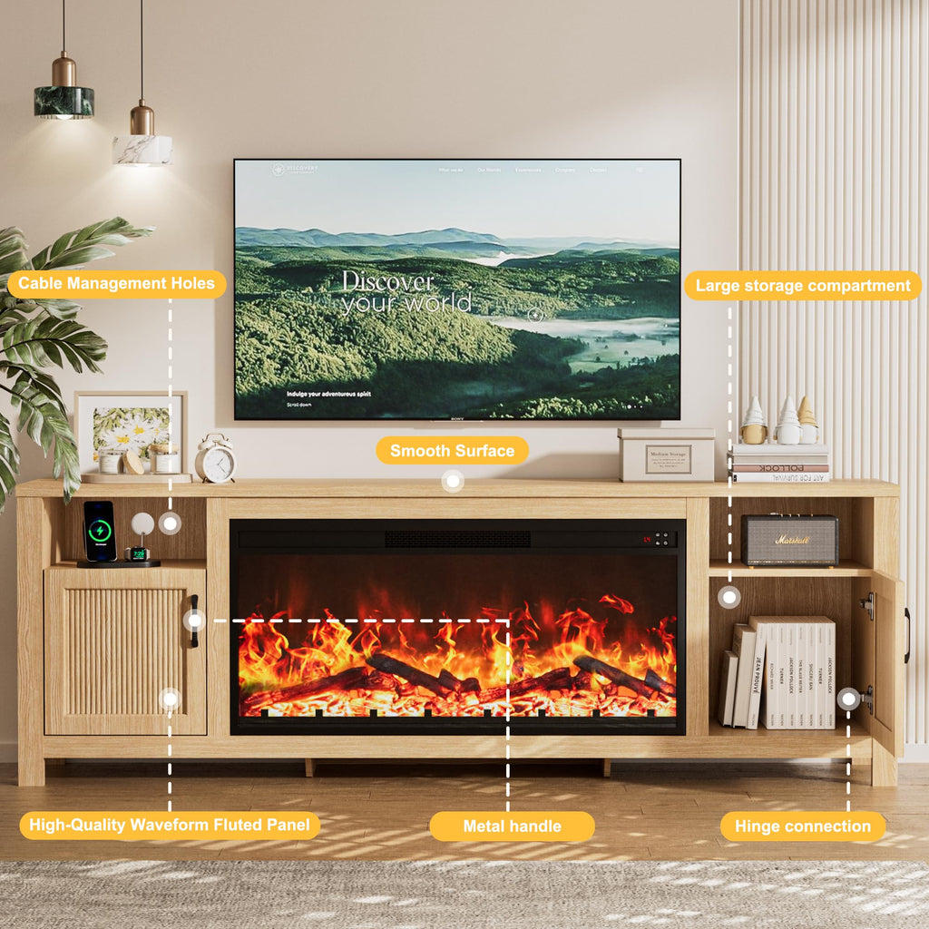 71" Fluted Fireplace TV Stand with 38" Electric Fireplace for Television up to 80", Entertainment Center, Media