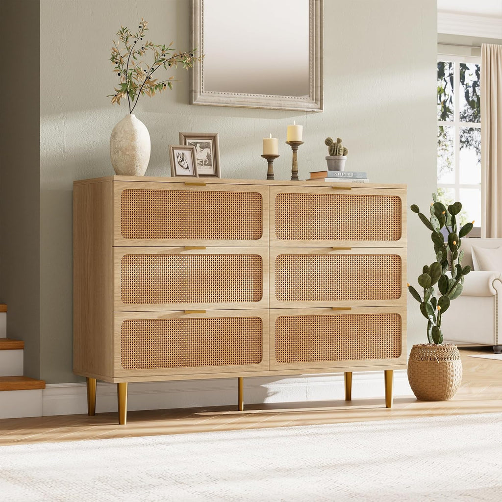 Rattan 6 Drawer Dresser , Large Double Dresser with Deep Drawers, Wooden Chest of Drawers for Closet with Wide Top