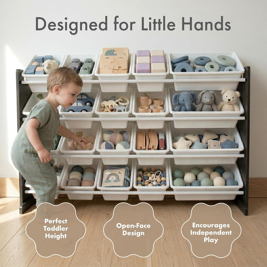 Kids Toy Organizer with 20 Bins, 4 Tier Storage | Sturdy wood and steel toddler shelf, removable BPA-free containers