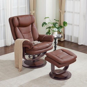 Modern Reclining Swivel Lounge Chair and Ottoman — Brown Faux Leather