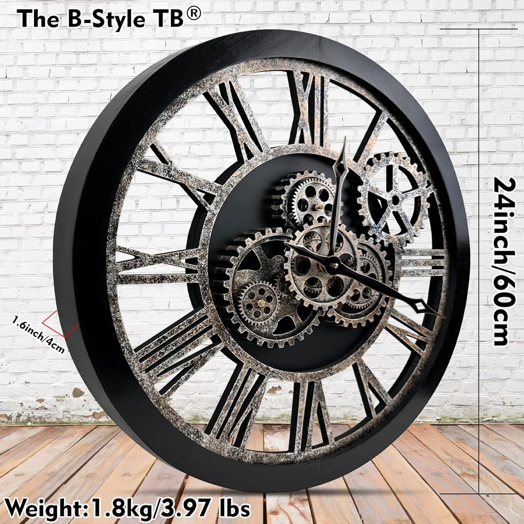 The B-Style Large 24 inch Moving Gear Wall Clock Oversized Vintage Farmhouse Wall Clocks for Living Room Decor Rustic Industrial Wood...