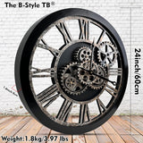 The B-Style Large 24 inch Moving Gear Wall Clock Oversized Vintage Farmhouse Wall Clocks for Living Room Decor Rustic Industrial Wood...