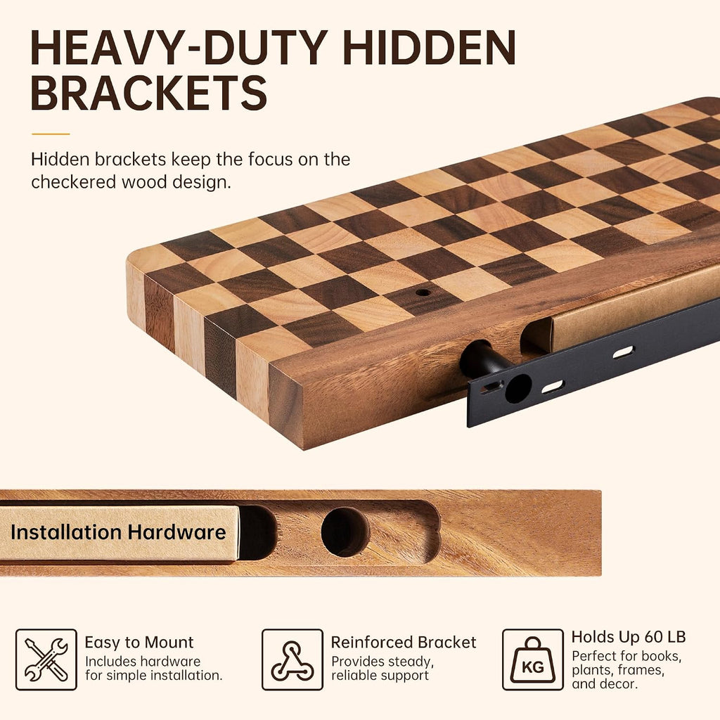 Floating Shelves for Wall, Solid Checkered Wood Wall Shelves 16 Inch | Heavy-Duty, Invisible Bracket, Solid Wood
