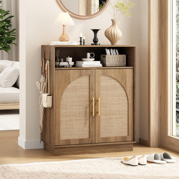 Rattan Shoe Storage Cabinet with 2 Arched Doors, 5-Tier Deep Shoe Organizer with Adjustable Shelves, Farmhouse Boho