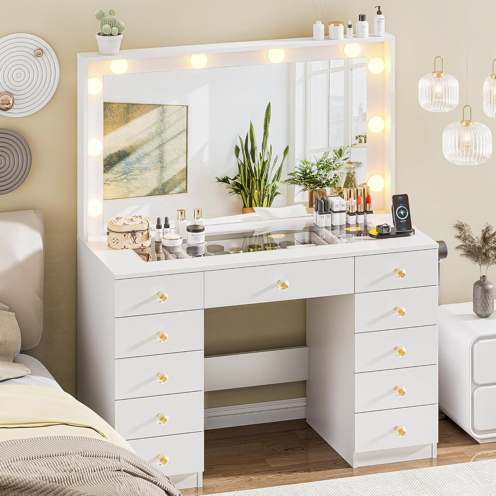 Vanity with Large Mirror and 10 LED Lights, Vanity Desk with Glasstop, 11 Drawers with Crystal Handles, Dressing