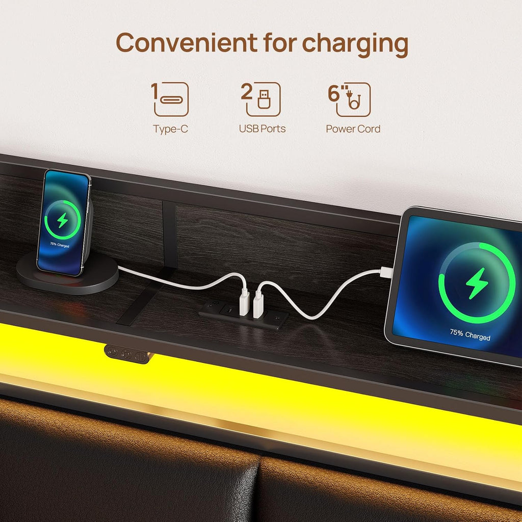 Bed Frame Queen with Charging Station and LED Lights, Upholstered Storage Headboard with Drawers