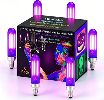 6 Pack E12 T6 UVA 395nm Dimmable Mini Filament Black Light Bulb