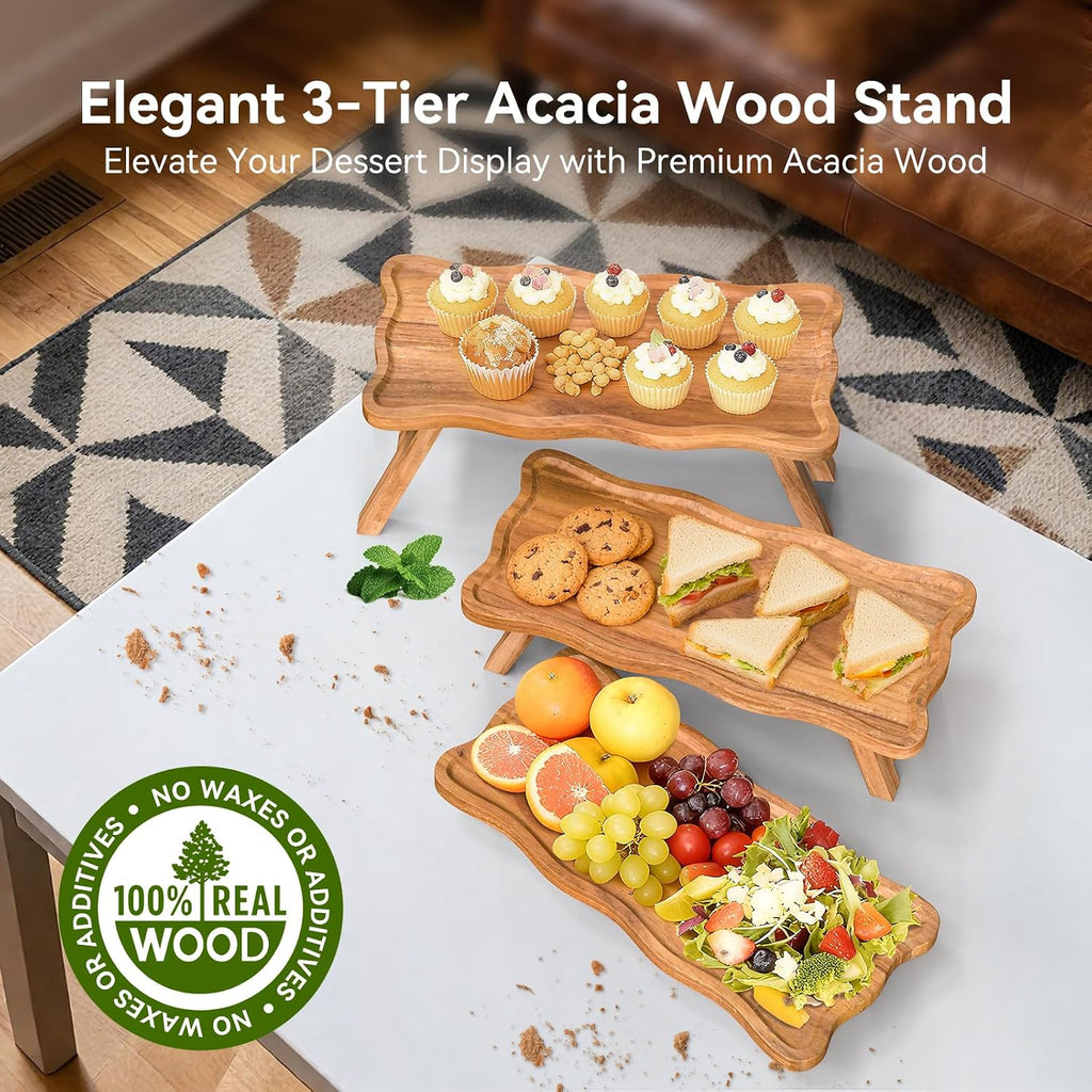 Acacia Wood 3 Tier Cupcake Stand, Serving Tray for Party, Foldable Dessert Table Display Set, Tiered Tray Decor for