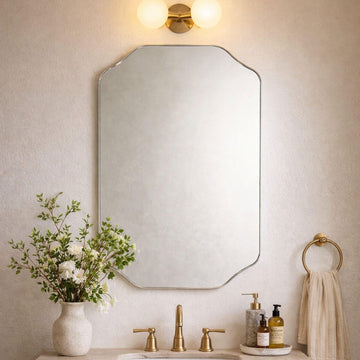 Brushed Nickel Scalloped Bathroom Vanity Mirror 20x30'' Decorative Silver Metal Framed Asymmetrical Bathroom Mirror