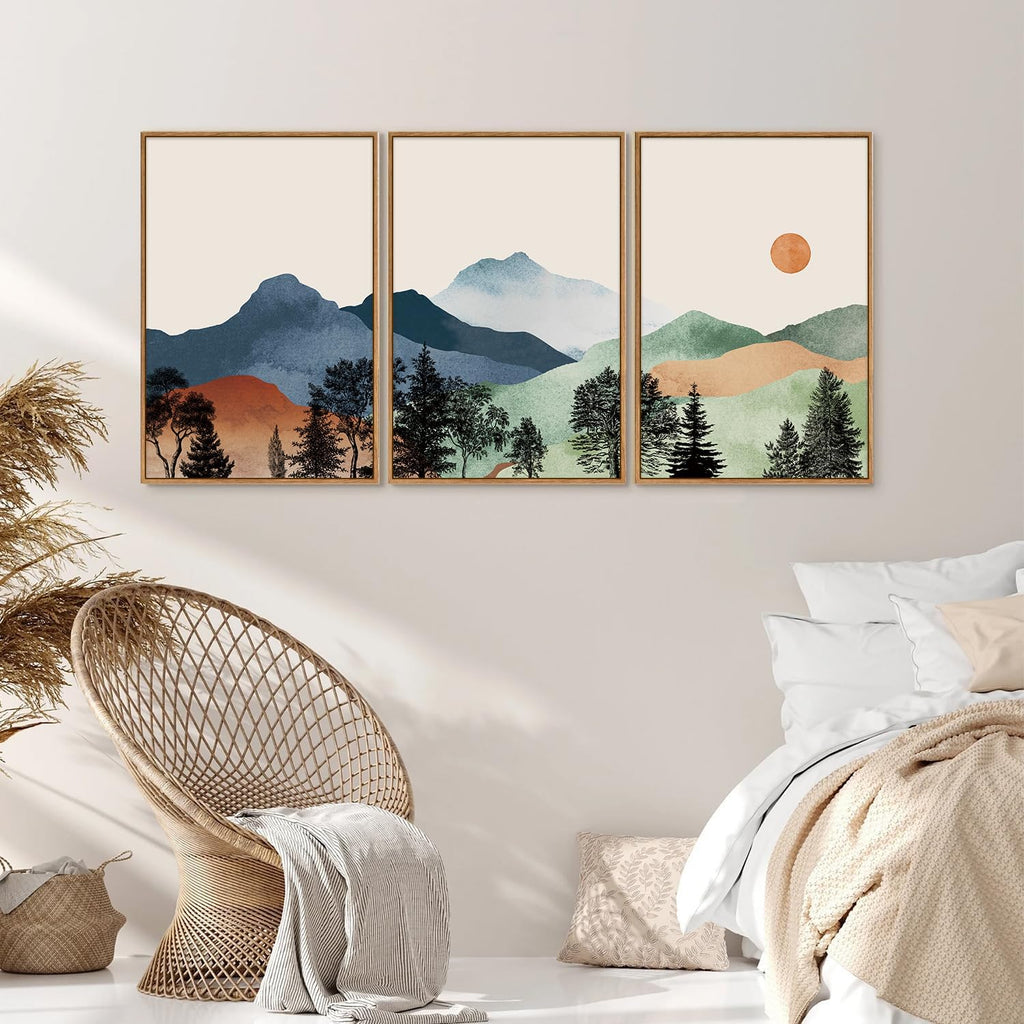 Boho Mountain Framed Canvas Wall Art Set of 3, Watercolor Nature Landscape Art Prints, Modern Sunrise Art Paintings