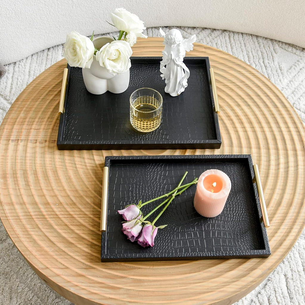 Set of 2 Modern Elegant Large Wood Serving Tray, Rectangle Decorative Tray Ottoman Tay Coffee Table Tray, Black