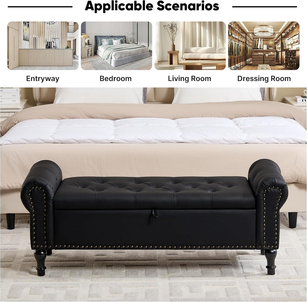 Storage Bench , 51" Upholstered End of Bed Bench, Faux Leather Queen Size Benches with Rolled Arms, Tufted Button
