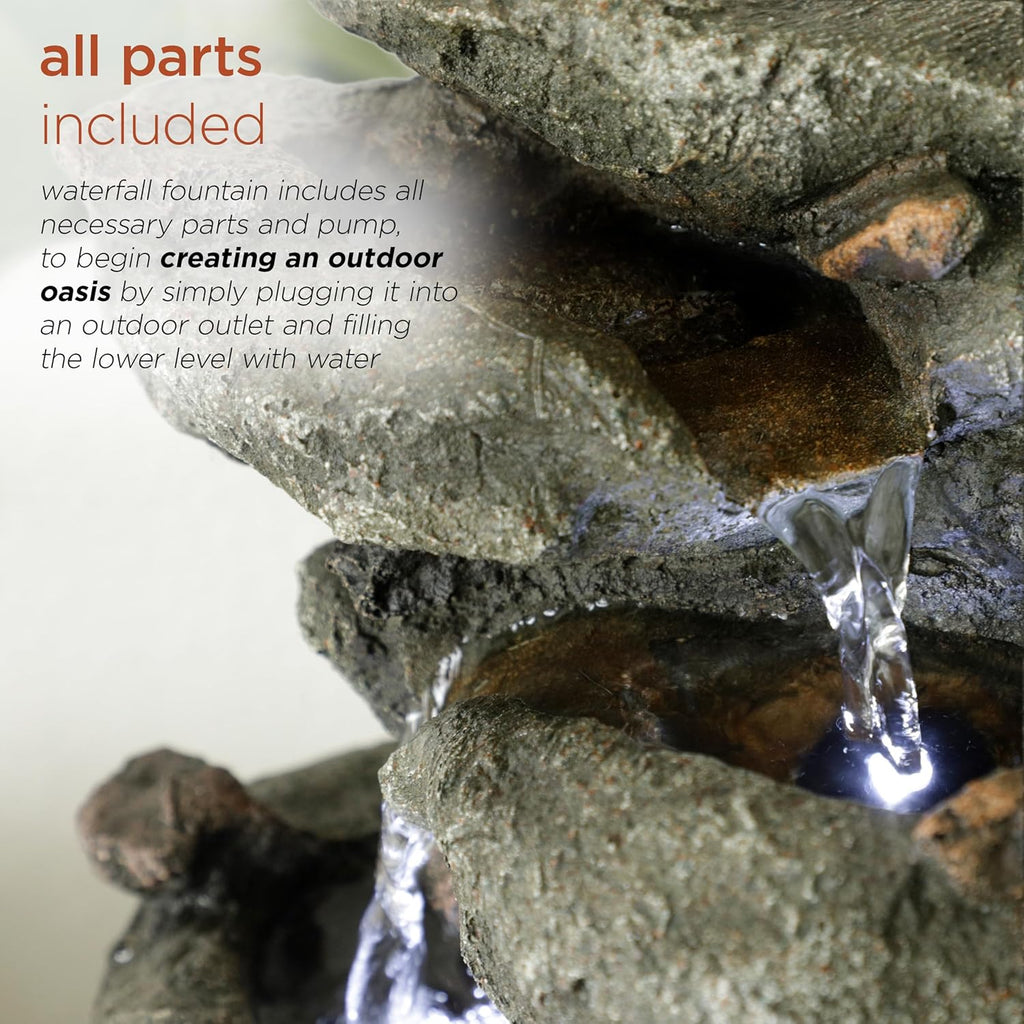 14" Indoor Tabletop Rainforest Rock Water Fountain with LED Lights, Tiered Desktop Fountain and Office Décor, Gray