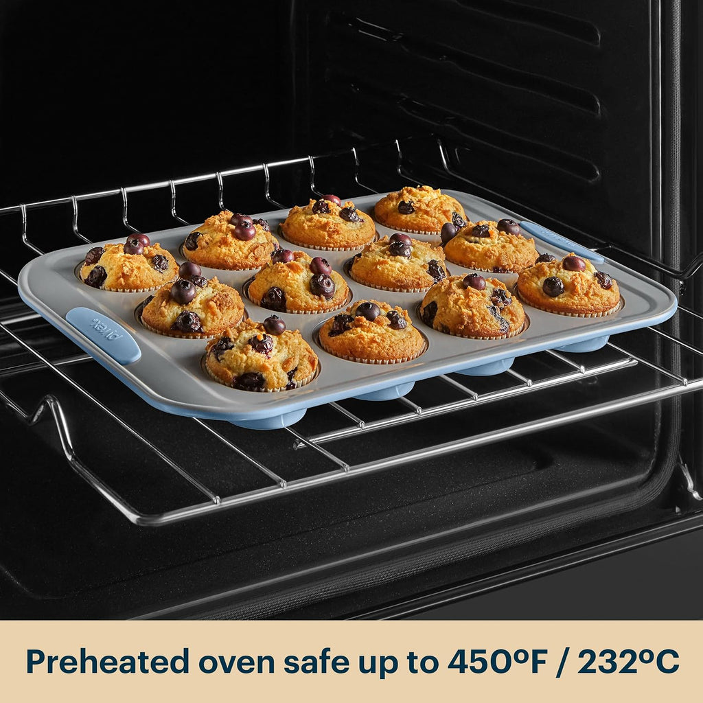 8-Piece Metal Bakeware Set with Heatsafe Silicone Handles, Cerulean | Lightweight stainless steel trays with heatsafe