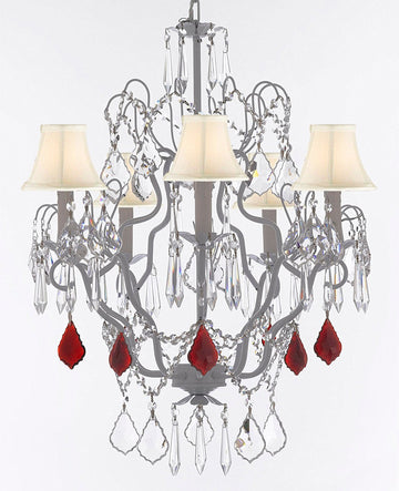 White Wrought Iron Crystal Chandelier Chandeliers Lighting H27" x W21" Dressed with Ruby Red Crystal Great for Kitchens, Bathrooms, Bedrooms, Closets, and Dining Rooms w/White Shades - J10-B98/WHITESHADES/WHITE/26025/5