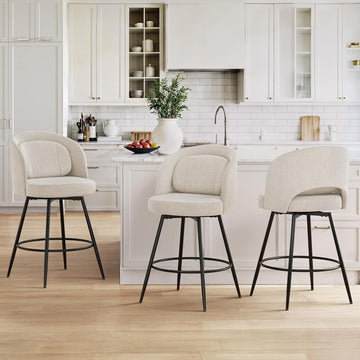 26''H Swivel Bar Stools Set of 3, Counter Height Bar Stools with Backs, Lumbar Pillow and Black Metal Frames