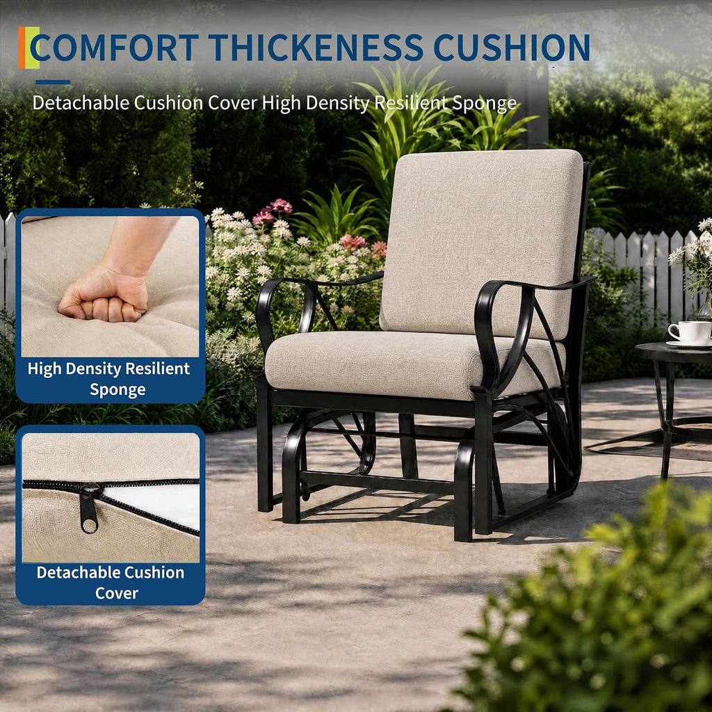 Patio Glider, Outdoor Glider Chair with Removable Cushion, Heavy Duty Metal Frame, Curved Armrest, Porch Rocking