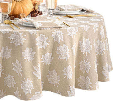 Home Fashions Falling Leaves Jacquard Harvest/Thanksgiving Cotton Tablecloth, 70" Round, Taupe