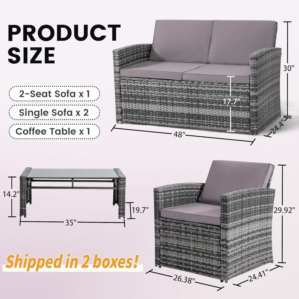 4-Piece Patio Furniture Set, Wicker Outdoor Rattan Sectional Sofa with Cushions and Glass Table