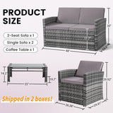 4-Piece Patio Furniture Set, Wicker Outdoor Rattan Sectional Sofa with Cushions and Glass Table
