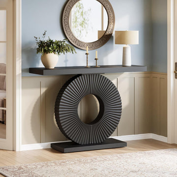 Modern Entryway Console Table, 39 inch Wooden Narrow Sofa Table Behind Couch with Geometric Base, Contemporary Accent