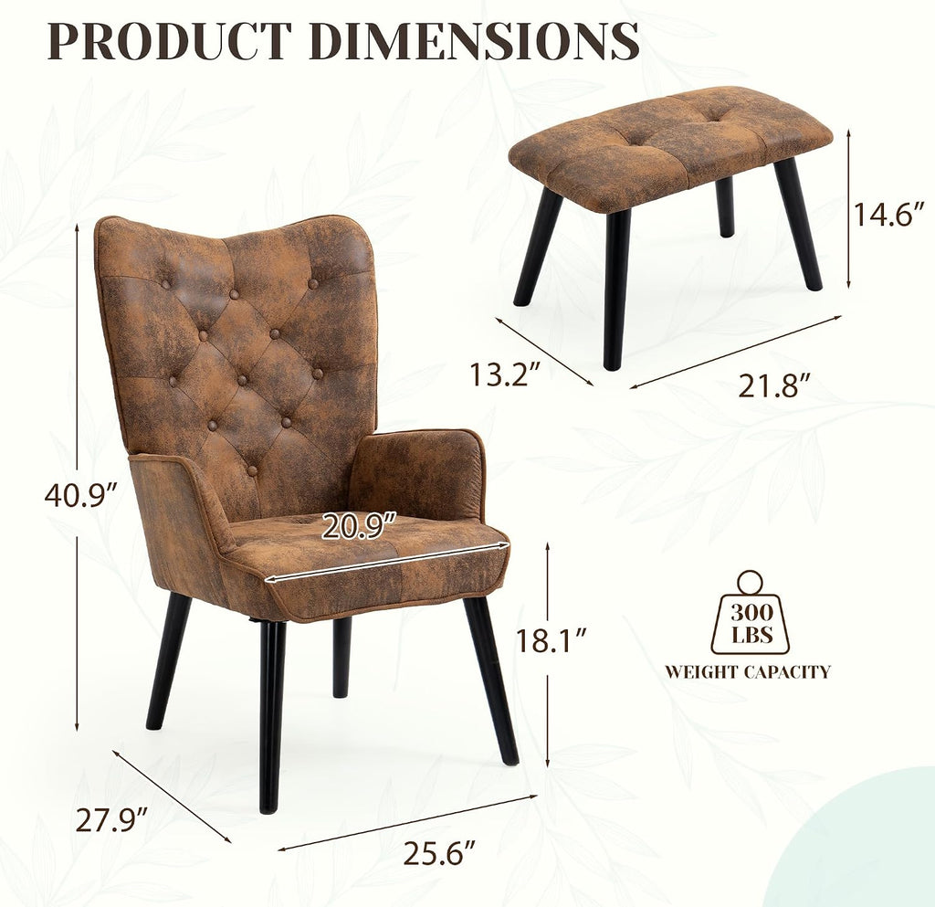 Accent Chair with Ottoman, Brown Button Tufted Wingback Chair | Soft Upholstered Fabric; High Density Thick Sponge;