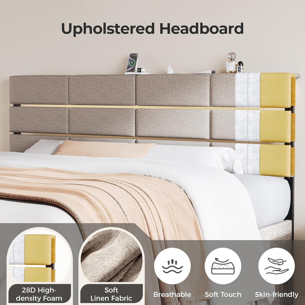 Full/Queen Upholstered Headboard, Adjustable Head boards with LED Light & Charging Station, Bed Headboard Only