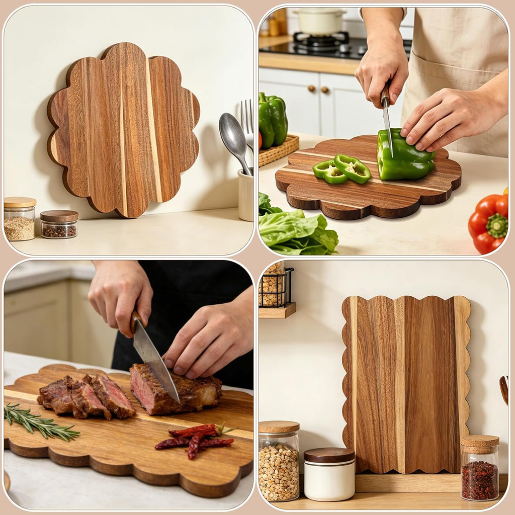 Acacia Wood Scalloped Cutting Boards Set, Decorative Wooden Charcuterie Boards with Handle for Cheese Pizza Meat