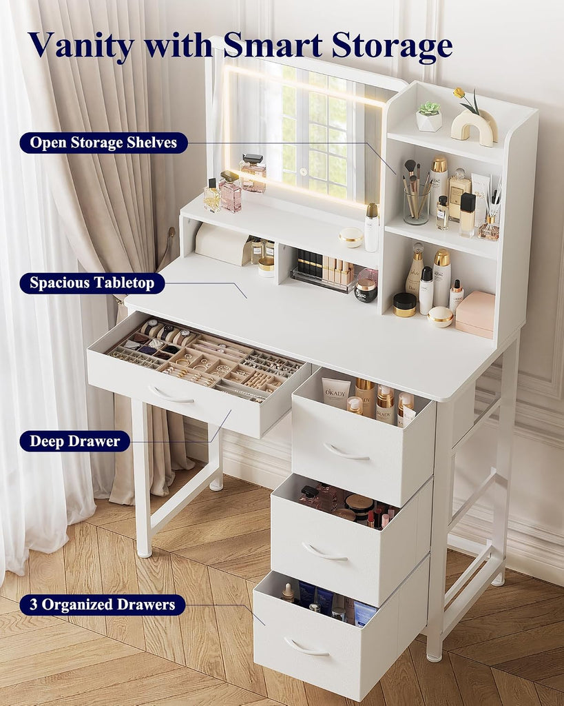 Vanity Desk with Mirror and Lights, Large Capacity, Fabric Drawers | Bedroom, Teens & Women, 3 Light Modes, 4 Fabric