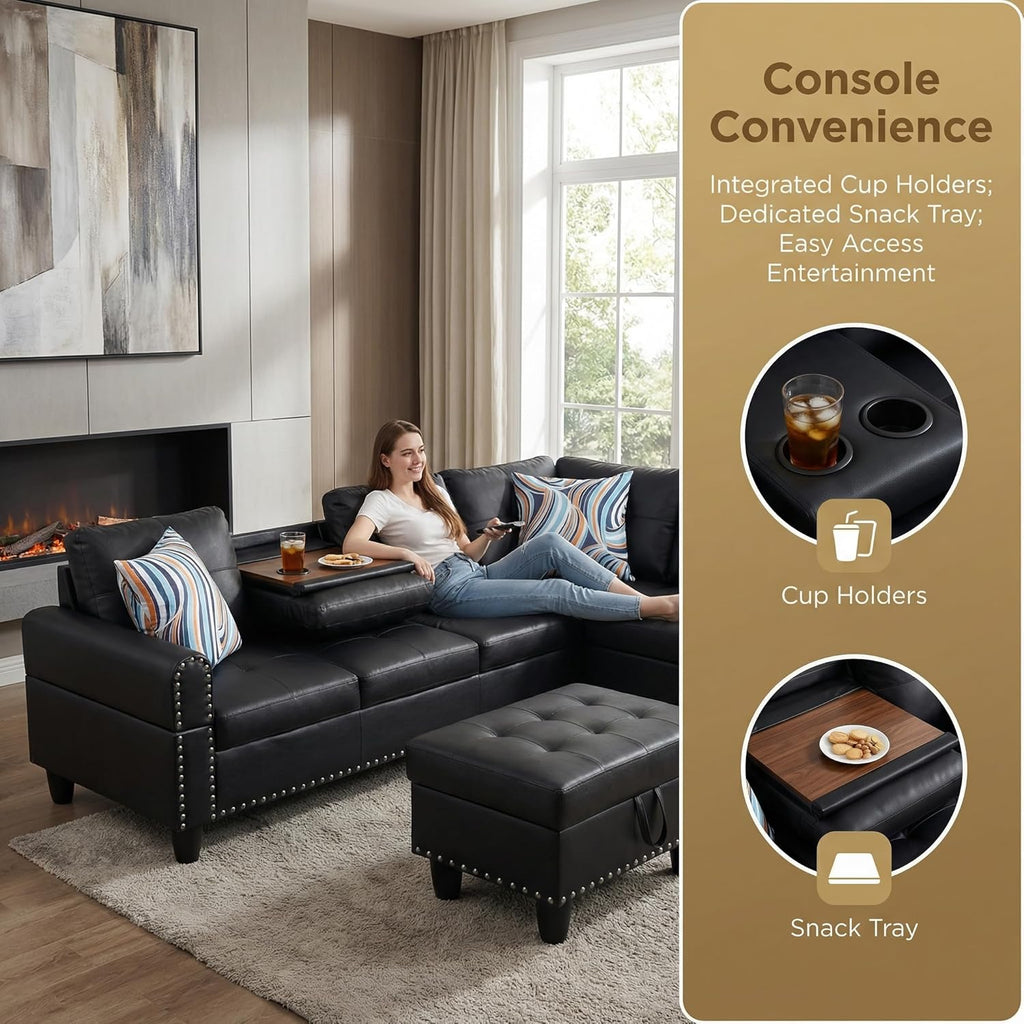 L-Shaped Sectional Sofa with Movable Chaise & Storage Ottoman