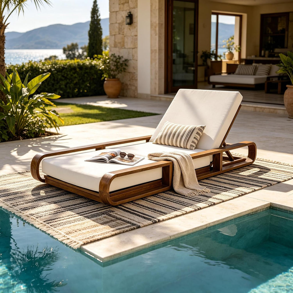 Pyke Chaise Lounge Chair Outdoor with Foldable Cushion, Acacia Wood Poolside Sun Lounger with Curved Frame