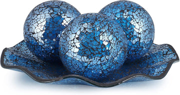 Centerpiece Bowl and Balls Set, Mosaic Tray with 3 Pieces Spheres, 12" Decorative Plate with 4" Mosaic Orbs Decor
