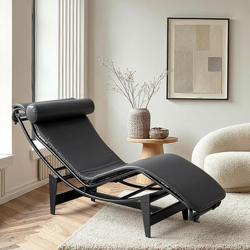 LC-4 Chaise Lounge Chair Floating Chair Black Faux Leather Mid Century Modern Design or Bedroom