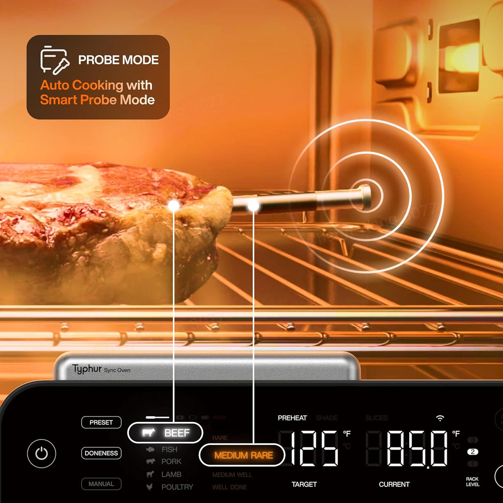 Sync Oven with Smart AI Wireless Meat Thermometer Probe, 12‑in‑1 Countertop Air Fryer Toaster Oven Combo, 360° Turbo