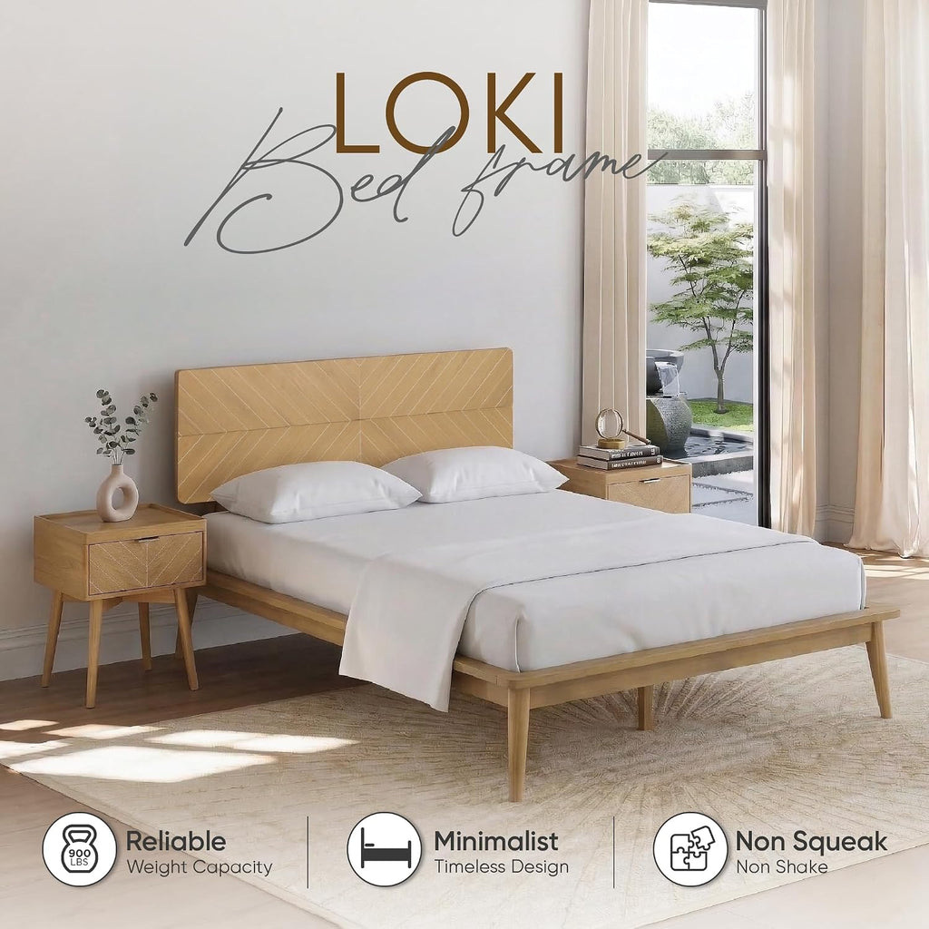 Loki Solid Wood Platform Bed King, Chevron Headboard, Light Oak