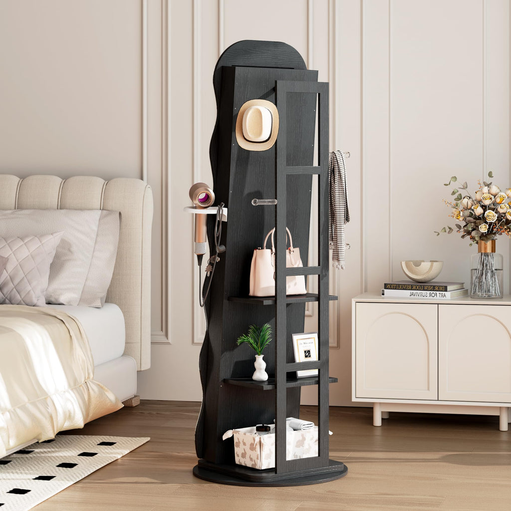 LED Mirror Jewelry Cabinet Standing, 360° Swivel, Black