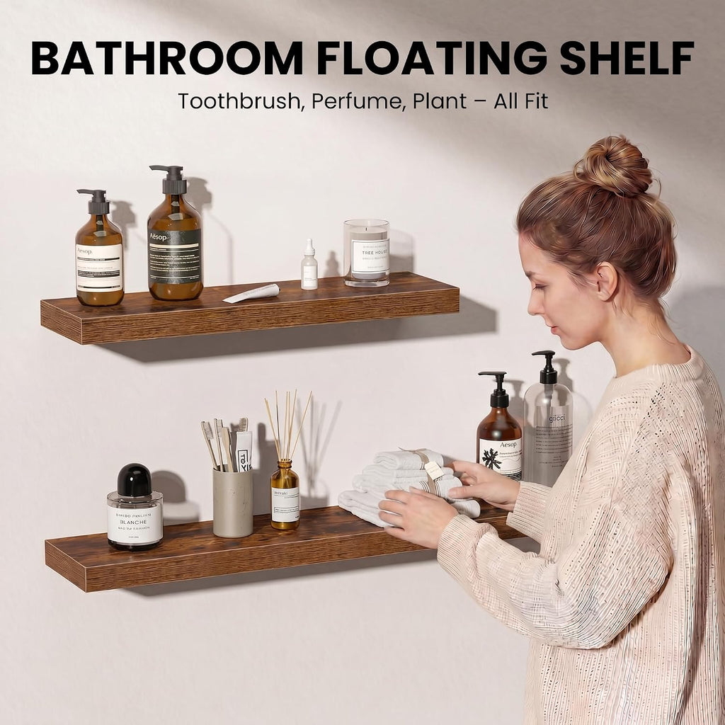 Floating Shelves for Wall, 12 Inch Set of 3 Rustic Wood Wall Shelves with Invisible Brackets, Heavy Duty Storage