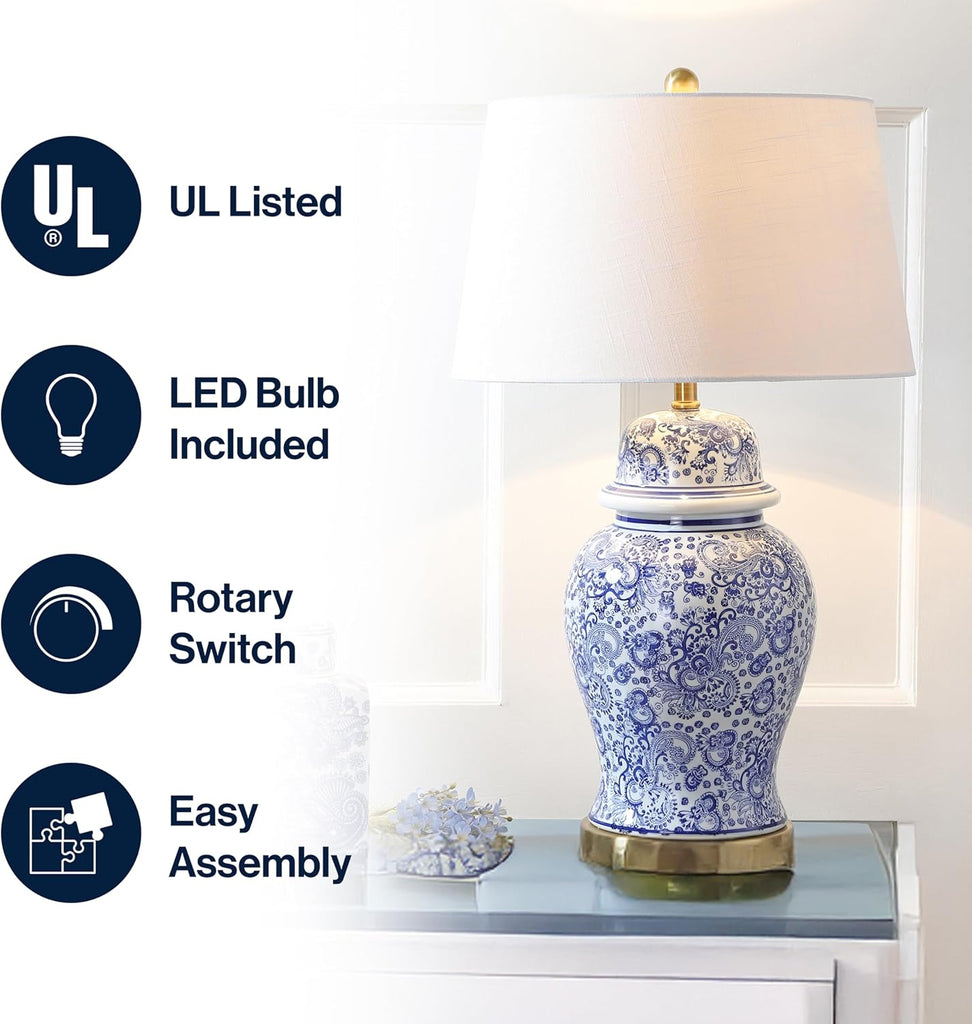 29.5" Blue/White Ceramic Table Lamp and Office, White Linen Drum Shade, Traditional Chinoiserie Ginger Jar Lamp