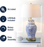 29.5" Blue/White Ceramic Table Lamp and Office, White Linen Drum Shade, Traditional Chinoiserie Ginger Jar Lamp