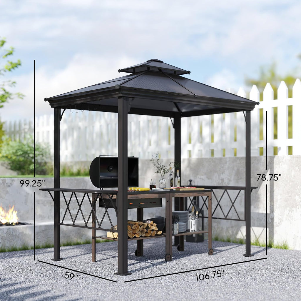 9 x 5 ft. Grill Gazebo, Hardtop BBQ Gazebo Canopy with 2-Tier Polycarbonate Roof, Shelves, Serving Tables
