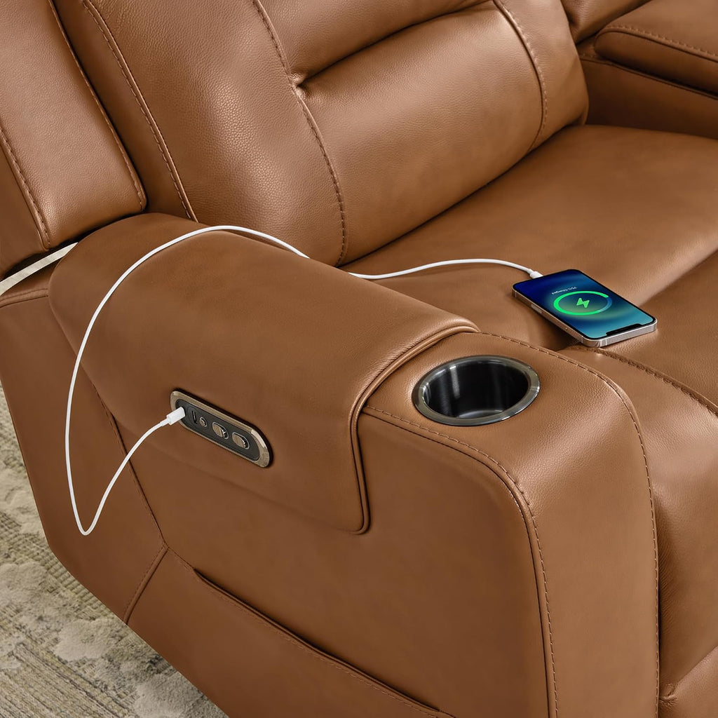Genuine Leather Power Loveseat Recliner Sofa, Lay Flat Loveseat Reclining Sofa with Power Headrest, Cup Holders, USB